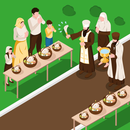 Orthodox christian isometric background with faith and church symbols vector illustrationのイラスト素材