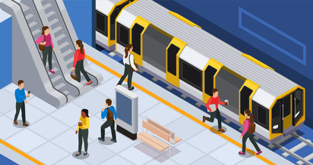 Subway station with passenger walking running for train going down and up escalator isometric background vector illustrationのイラスト素材