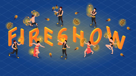 Fireshow people isometric concept with fire dance performance symbols vector illustrationのイラスト素材