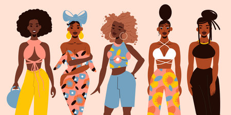 Colored black girls concept the girls are dressed in different styles and hairstyles vector illustrationのイラスト素材