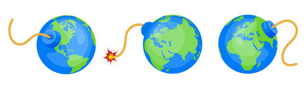 World bomb concept flat set of three isolated conceptual images of earth globe with burning wick vector illustrationのイラスト素材