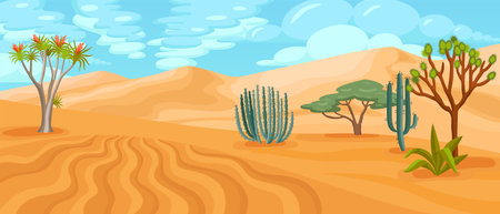 Desert cartoon horizontal illustration with different forms of cactus trees and bushes at sandy dunes background vector illustrationのイラスト素材