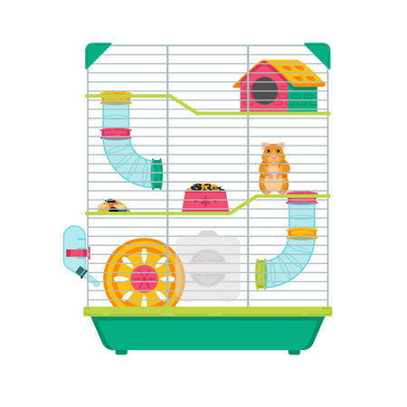 Hamster cage flat image with tunnel exercise wheel water bottle food dish on white background cartoon vector illustrationのイラスト素材