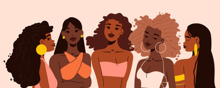 Black girl woman portrait composition five beautiful girls are together vector illustrationのイラスト素材