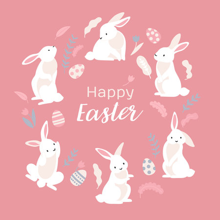 Happy easter greeting card with frame of cute white cartoon rabbits on pink background flat vector illustrationのイラスト素材