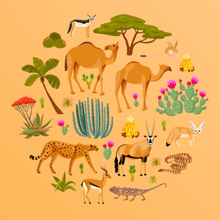Desert round composition with cartoon representatives of flora and fauna on yellow background flat vector illustrationのイラスト素材