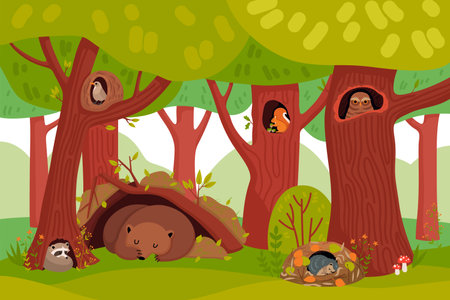 Summer wildlife cartoon background with forest animals living in tree hollows and holes flat vector illustrationのイラスト素材