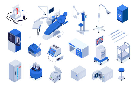 Isometric set of medical equipment and furniture for dental clinic office isolated 3d vector illustrationのイラスト素材