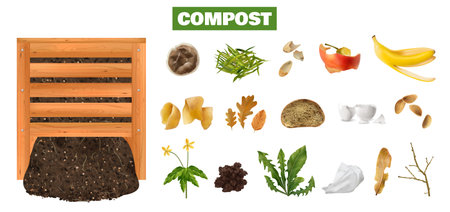 Realistic compost horizontal set of isolated icons with rests of food plants and dirt with text...