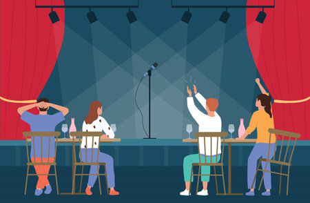 Cheering people back flat composition four people in the hall sit at tables and wait for person to perform vector illustrationのイラスト素材