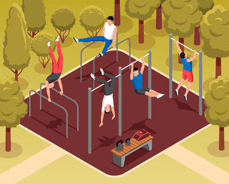 Street workout on sports ground with men doing gymnastic exercises on bars 3d isometric vector illustrationのイラスト素材