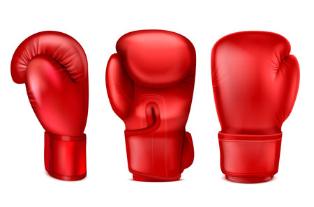 Boxing gloves realistic set with isolated images of red muffler from different angle on blank background vector illustrationのイラスト素材