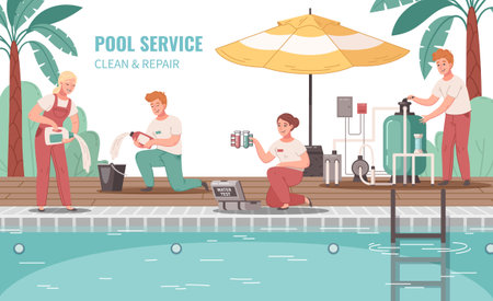 Pool service cartoon background with workers in uniform cleaning swimming pool with tools and chemicals vector illustrationのイラスト素材