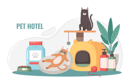 Pet hotel cartoon composition with medical and cleaning items and domestic animals enjoying comfort life vector illustrationのイラスト素材