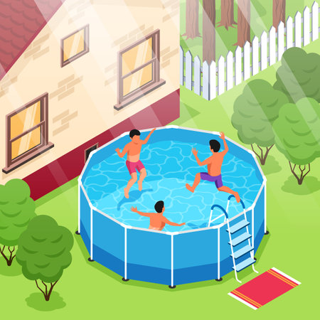 Isometric swimming pool composition with outdoor view of suburban house backyard with kids floating inside pool vector illustrationのイラスト素材