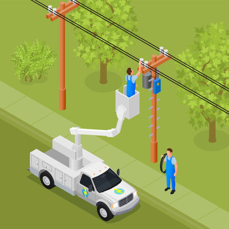Electrical works isometric background with professional electricians working on power line support and pole vector illustrationのイラスト素材