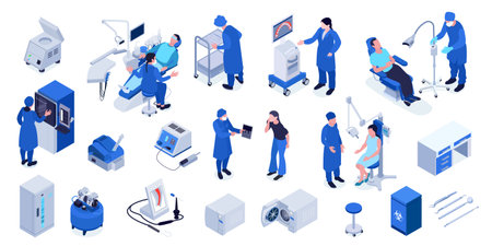 Isometric set of dental equipment dentists and patients isolated against white background 3d vector illustrationのイラスト素材
