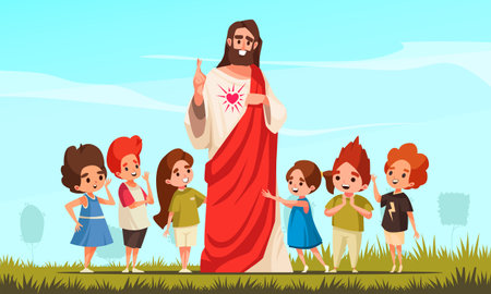Jesus Christ blessing the kids cartoon scene from children Bible vector illustrationのイラスト素材