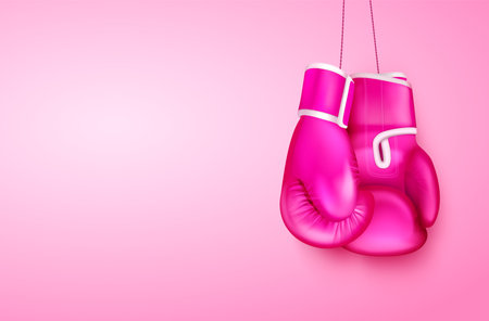 Boxing gloves realistic composition with view of hanging pair of pink boxing gloves on gradient background vector illustrationのイラスト素材