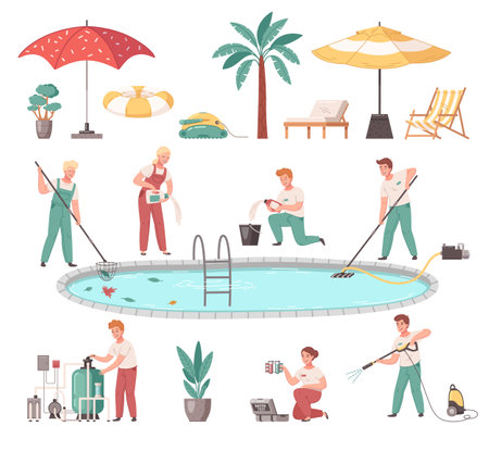 Pool mantenance service cartoon set of people cleaning pool with mechanical equipment and chemistry items isolated vector illustrationのイラスト素材