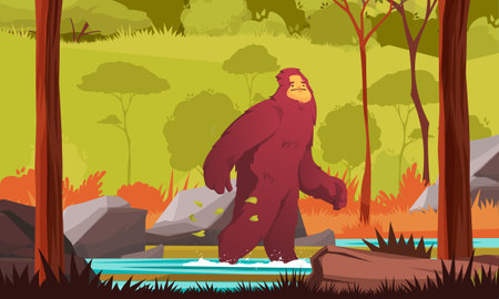 Yeti walking in solitude in woods cartoon colored background flat vector illustrationのイラスト素材