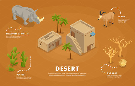 Desert isometric infographics background with representatives of endangered species of fauna and plants withstanding drought vector illustrationのイラスト素材