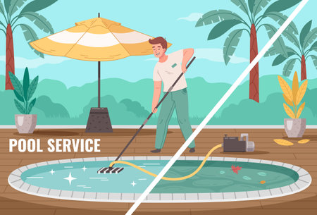 Pool service cartoon composition with man cleaning swimming outdoor pool with vacuum cleaner vector illustrationのイラスト素材