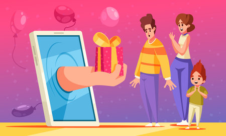 Celebration concept with people ordering holiday gift by mobile cartoon vector illustrationのイラスト素材