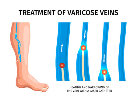 Treatment of varicose veins infographics poster depicting heating and narrowing of vein with laser catheter realistic vector illustrationのイラスト素材