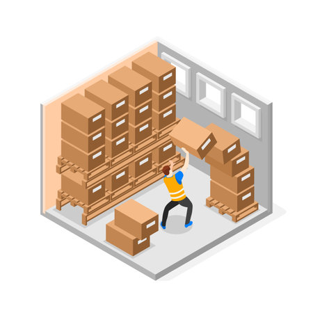 Safety pracaution at work place isometric composition with falling boxes in storage vector illustrationのイラスト素材
