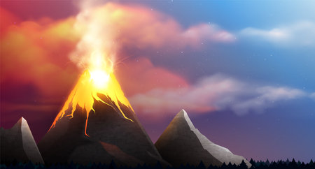 Lava volcano realistic composition with outdoor landscape and view of smoke burn on top of mountain vector illustrationのイラスト素材