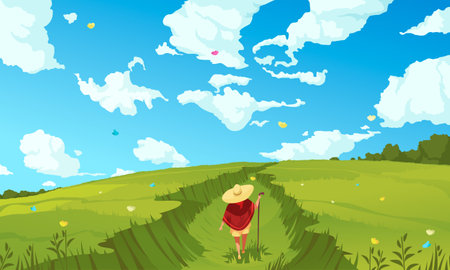 Day sky background with nature symbols flat vector illustrationのイラスト素材