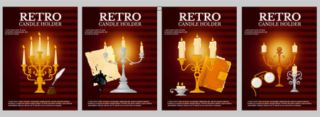 Retro candle holders poster set with four isolated vertical backgrounds with editable text and retro lighting vector illustrationのイラスト素材