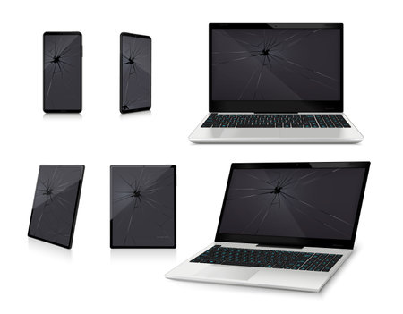 Broken smartphones notebooks set with realistic isolated images of phones and laptops with holes in screens vector illustrationのイラスト素材