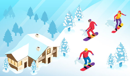 Isometric ski resort concept with snowborders on a snowy hill and alpine house on background vector illustrationのイラスト素材