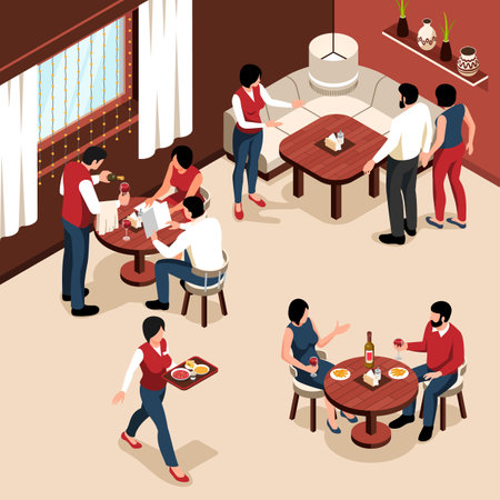 Isometric restaurant concept with visitors and waiters in comfortable interiors vector illustrationのイラスト素材
