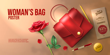 Realistic woman bag poster horizontal background with editable text and top view images of fashion accessory vector illustrationのイラスト素材