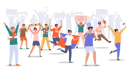 Crowd of cheering sport fans with flags posters scarves with people silhouettes in background flat composition vector illustrationのイラスト素材