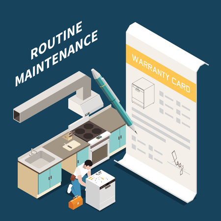 Routine maintenance isometric background with master character repairing dishwasher and big sheet of warranty card vector illustrationのイラスト素材