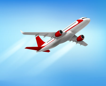 Flying airplane realistic composition with sky scenery and passenger airplane gaining height with air jet trails vector illustrationのイラスト素材