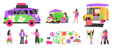 Hippie flat icons set with people in boho clothes and peace fantasy symbols isolated vector illustrationのイラスト素材