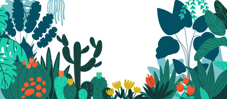 Botanical garden concept with exotic plants and flowers on white background vector illustrationのイラスト素材
