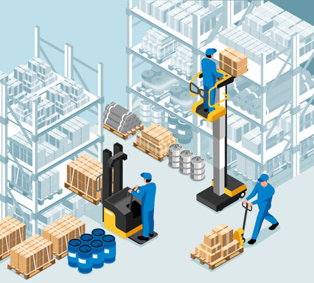 Isometric warehouse interior concept with workers loading cardboard boxes vector illustrationのイラスト素材