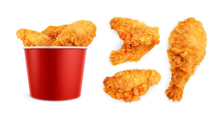 Chicken fast food realistic set of isolated images with fried chicken wings packed into paper bucket vector illustrationのイラスト素材