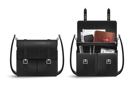 Realistic business bag document set with isolated images of black leather briefcase closed and open inside vector illustrationのイラスト素材