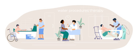 Water procedures therapy flat composition with isolated views of doctors appointment and physicians assisting rehabilitating patients vector illustrationのイラスト素材