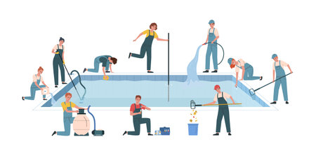 Team of professional maintenance service workers cleaning and repairing swimming pool flat composition vector illustrationのイラスト素材