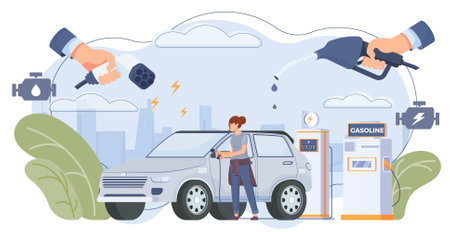 Hybrid car concept with eco transportation symbols flat  vector illustrationのイラスト素材