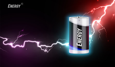 Energy colored realistic composition with electrical battery at flash of lightning background vector illustrationのイラスト素材