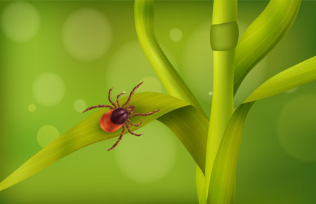 Realistic spider mite grass composition with insect crawling on blade of grass in the woods vector illustrationのイラスト素材